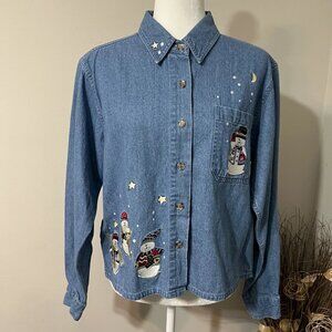 Vintage Christopher & Banks Womens Size M Blue Denim Snowman Crop Shirt Jacket